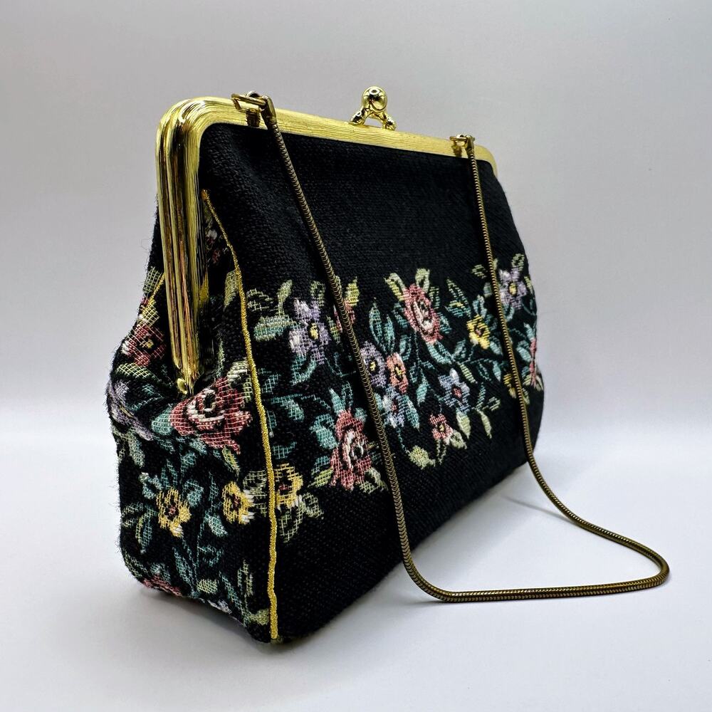 Vtg Backhausen Floral Tapestry Purse Kiss Lock Austria Handmade Black Gold Prom